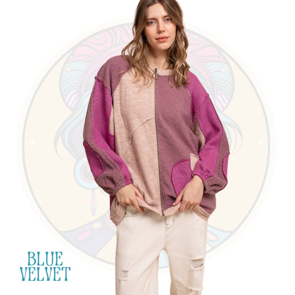 1V BLUE VELVET Long Sleeve Mixed Materials Zip Up Shirt Pink Combo